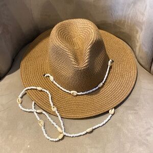 Stylish Tan Straw Hat with Beaded Band